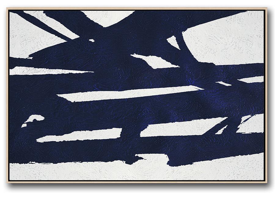 Horizontal Abstract Painting Navy Blue Minimalist Painting On Canvas - Modern Abstract Art Prints Extra Large
